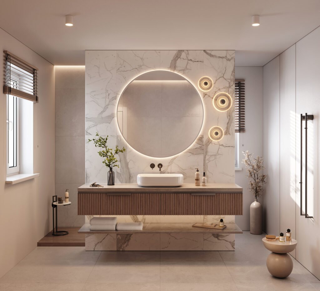 Digitally generated image of a luxury bathroom with marble tiles